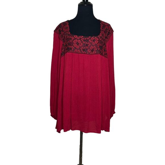 Susan Betro red black floral lace long sleeves tunic top size Large - Picture 1 of 8